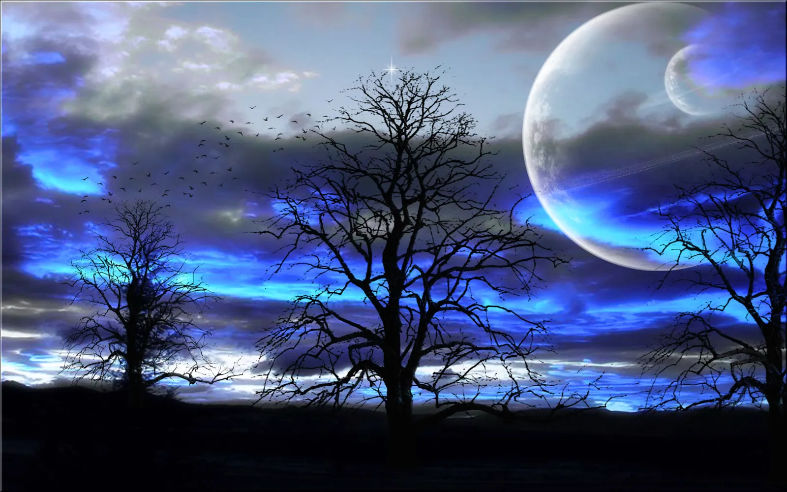 A surreal night sky with vibrant blue clouds, silhouetted trees, and two large planets.