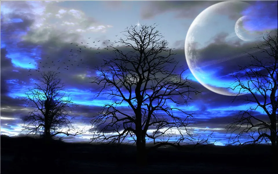 A surreal night sky with vibrant blue clouds, silhouetted trees, and two large planets.
