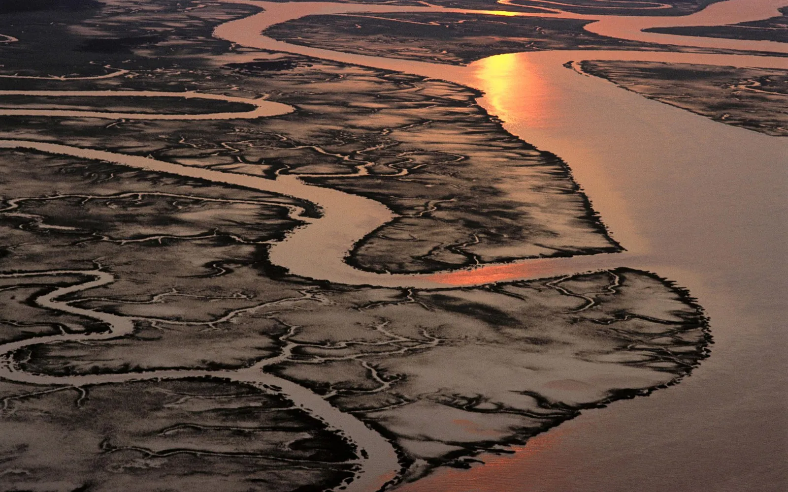 Aerial view of a winding river system at sunrise, with mudflats and reflections of the sun.