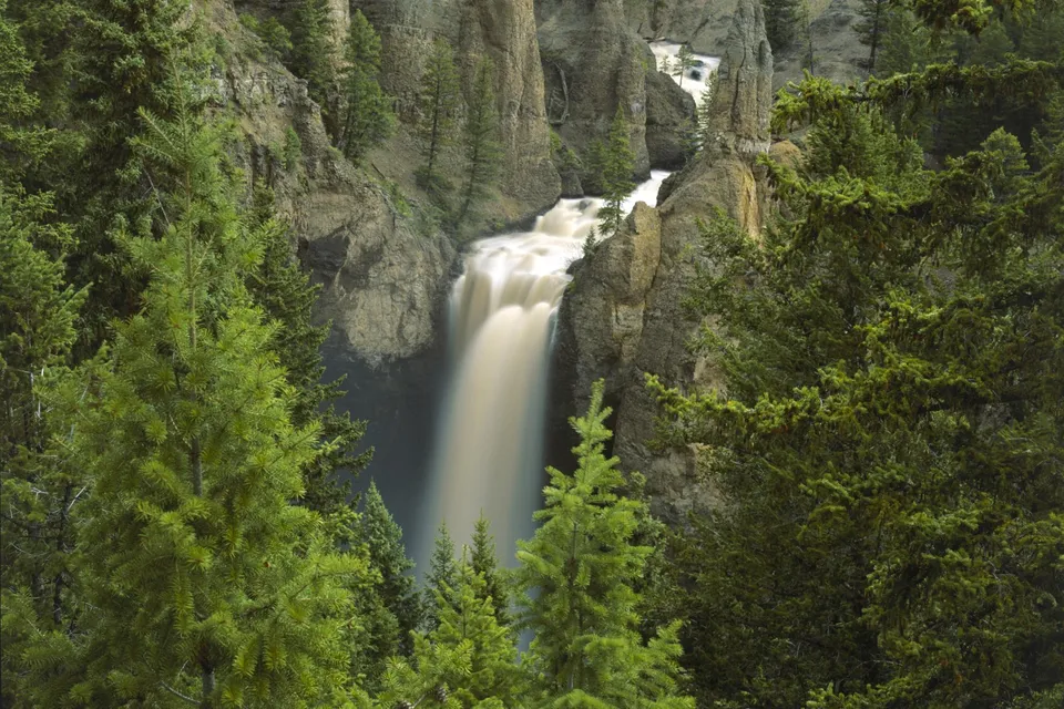 A tall waterfall plunges into a canyon, framed by evergreen trees and rocky cliffs.