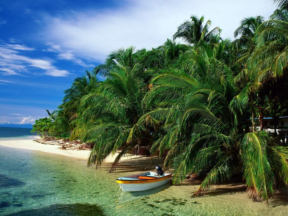 A small boat floats in clear turquoise water next to a sandy beach lined with palm trees.