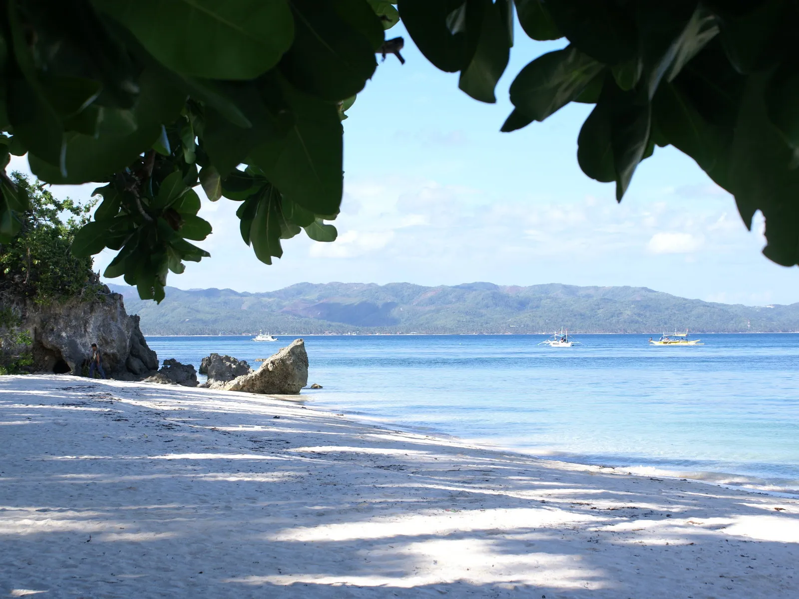 A white sand beach with clear blue water and distant boats, framed by lush green leaves.