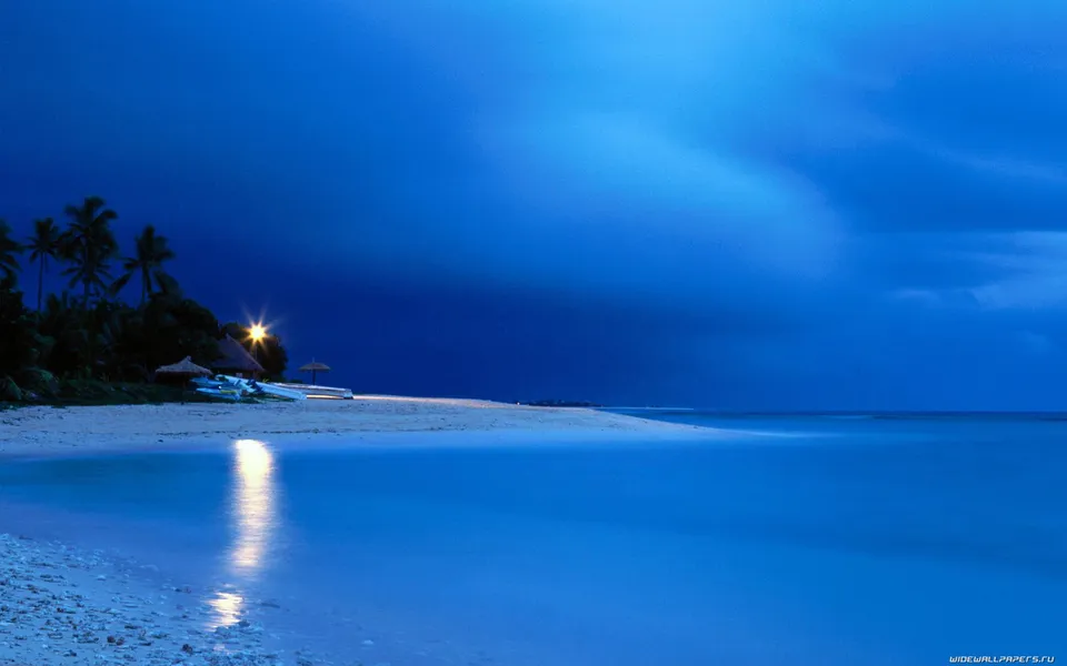 A serene tropical beach at dusk with calm blue water and palm trees.