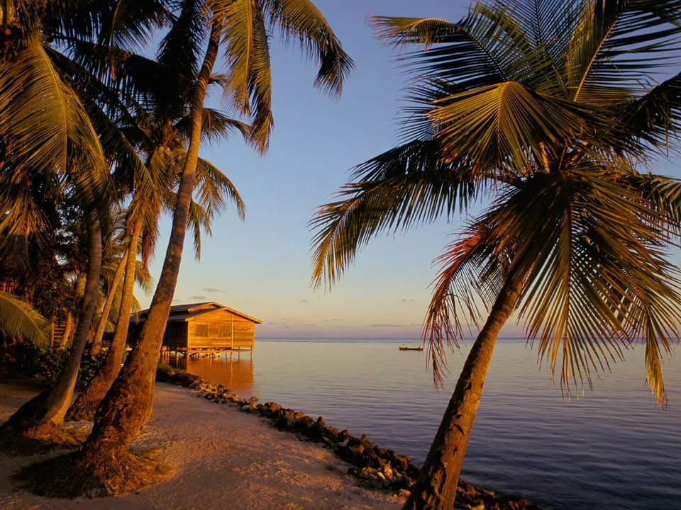 A wooden hut on stilts sits on a tropical beach with palm trees and the ocean at sunset.