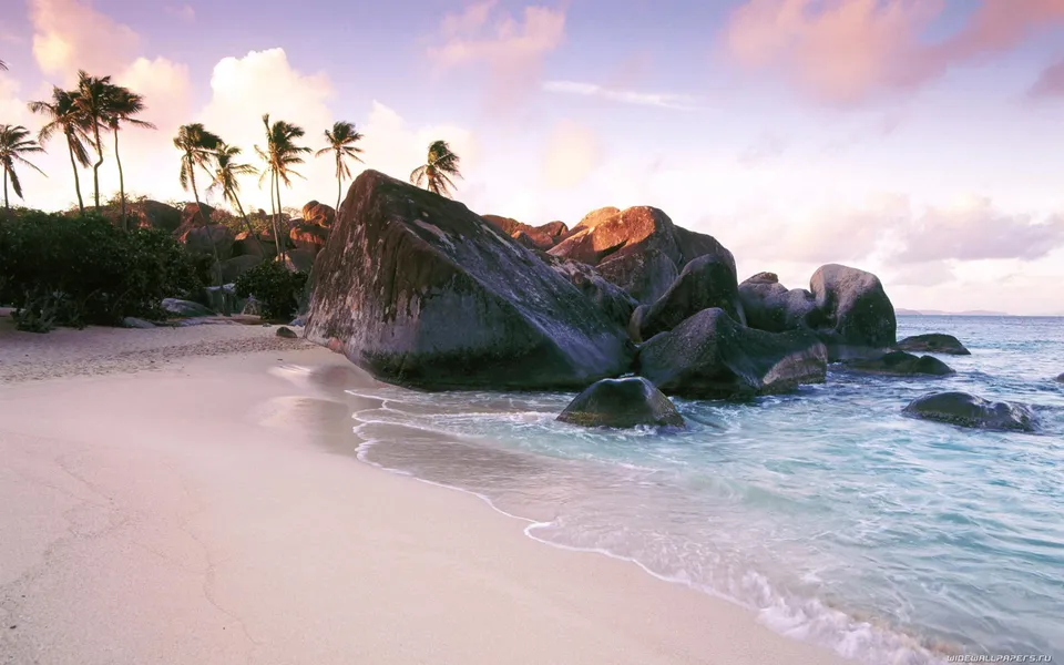 A tropical beach with white sand, palm trees, large boulders, and turquoise water under a pastel sky.