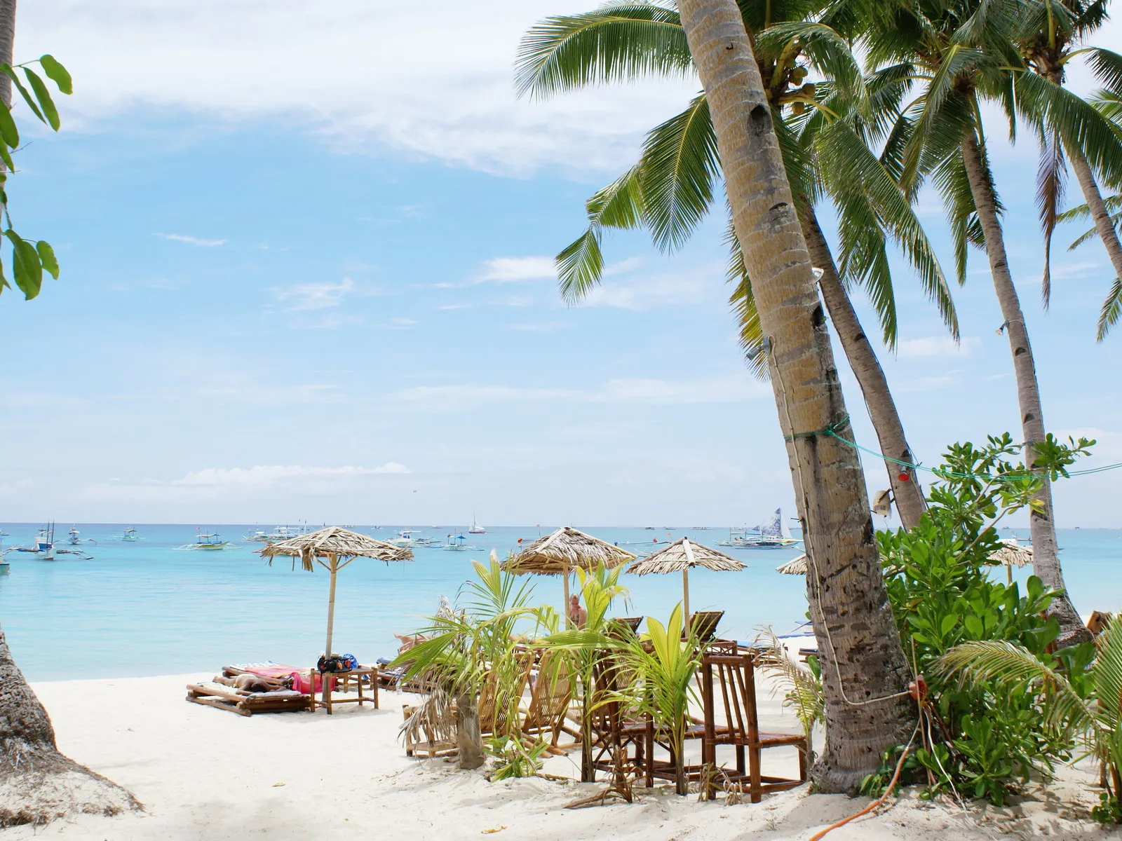 Tropical beach with palm trees, white sand, and distant boats on the ocean.