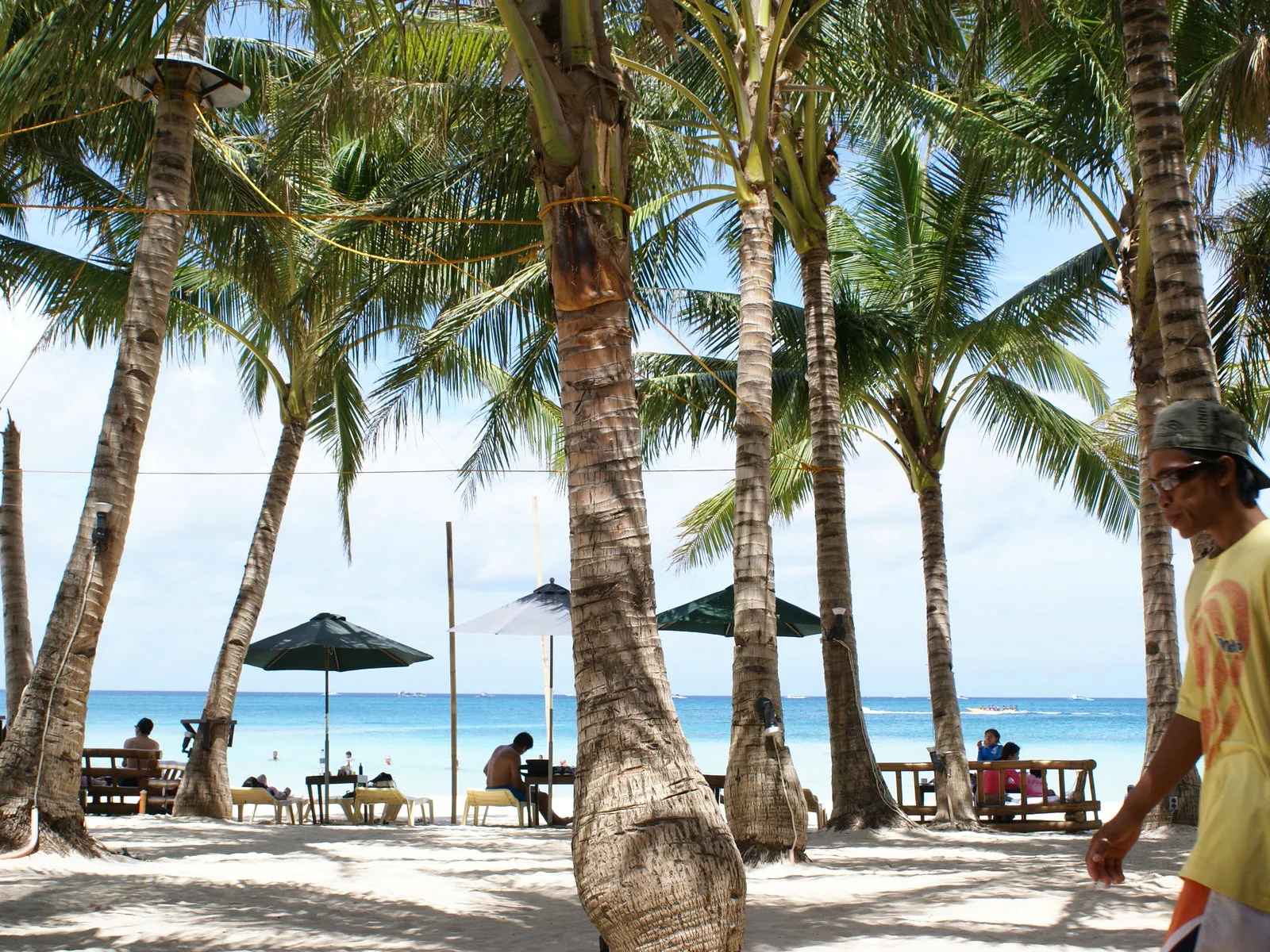 Palm trees line a sunny tropical beach where people relax under umbrellas.
