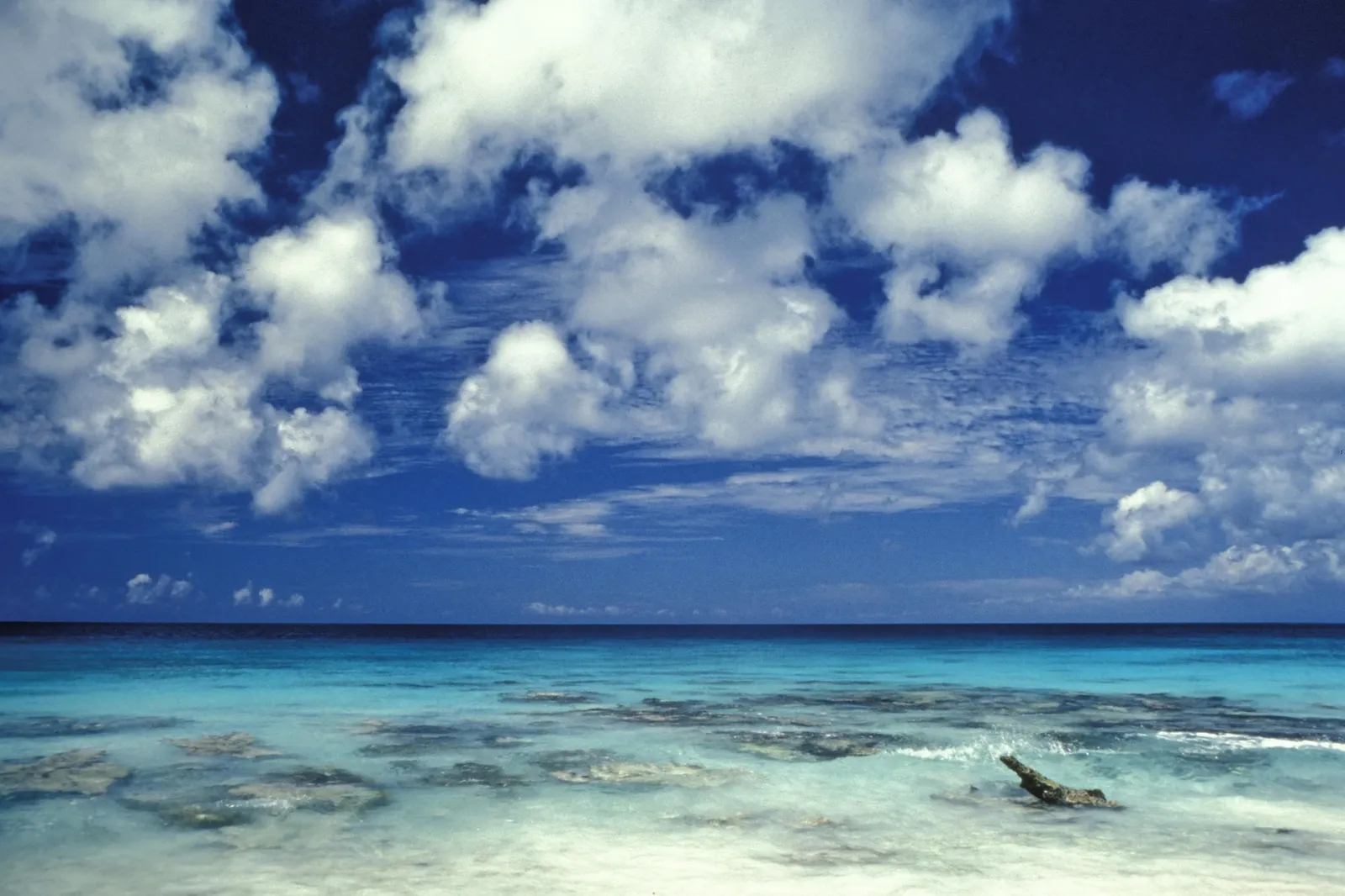 A view of a tropical beach with clear turquoise water, shallow coral formations, and a bright blue sky with fluffy white clouds.