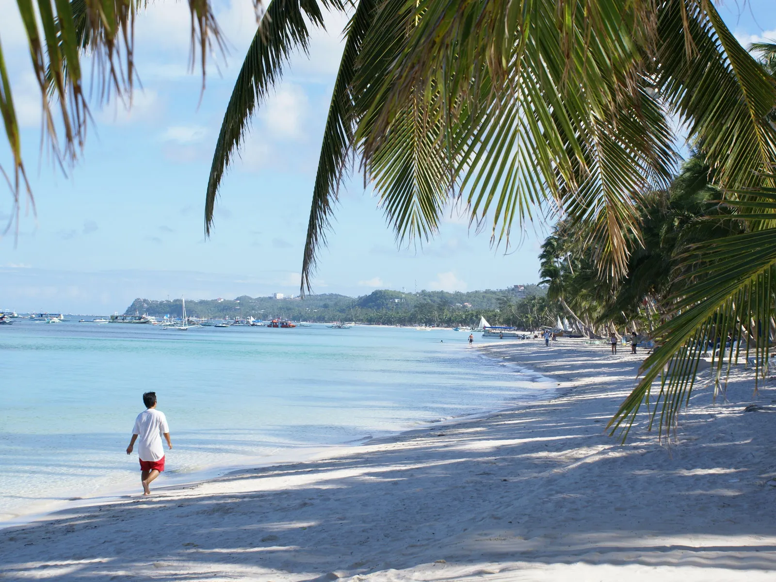 A person walks along a white sand beach towards the turquoise ocean, with palm trees framing the scene.
