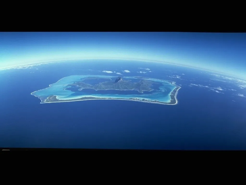 Aerial view of a tropical island with turquoise lagoons and lush green mountains.