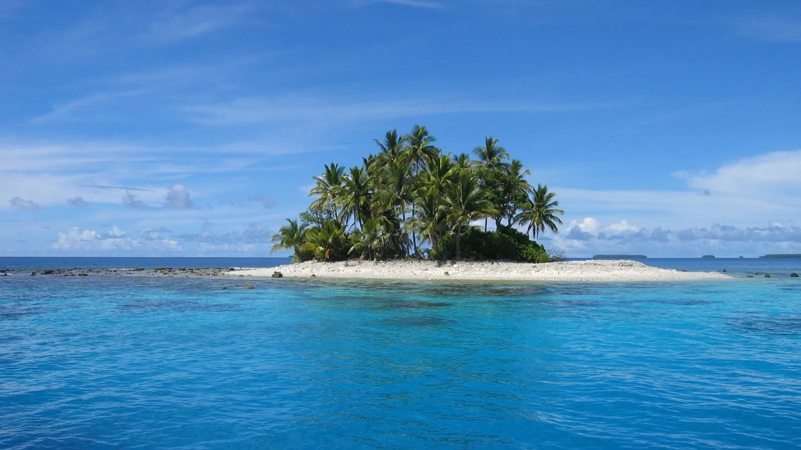 A small, lush green island with palm trees sits in the middle of bright blue ocean water under a partly cloudy sky.