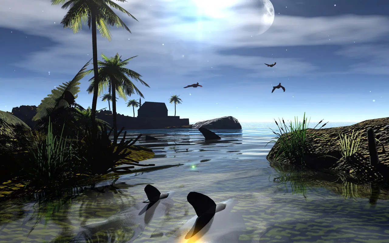 A tropical island scene with palm trees, a building, birds flying, and a large moon in the sky.