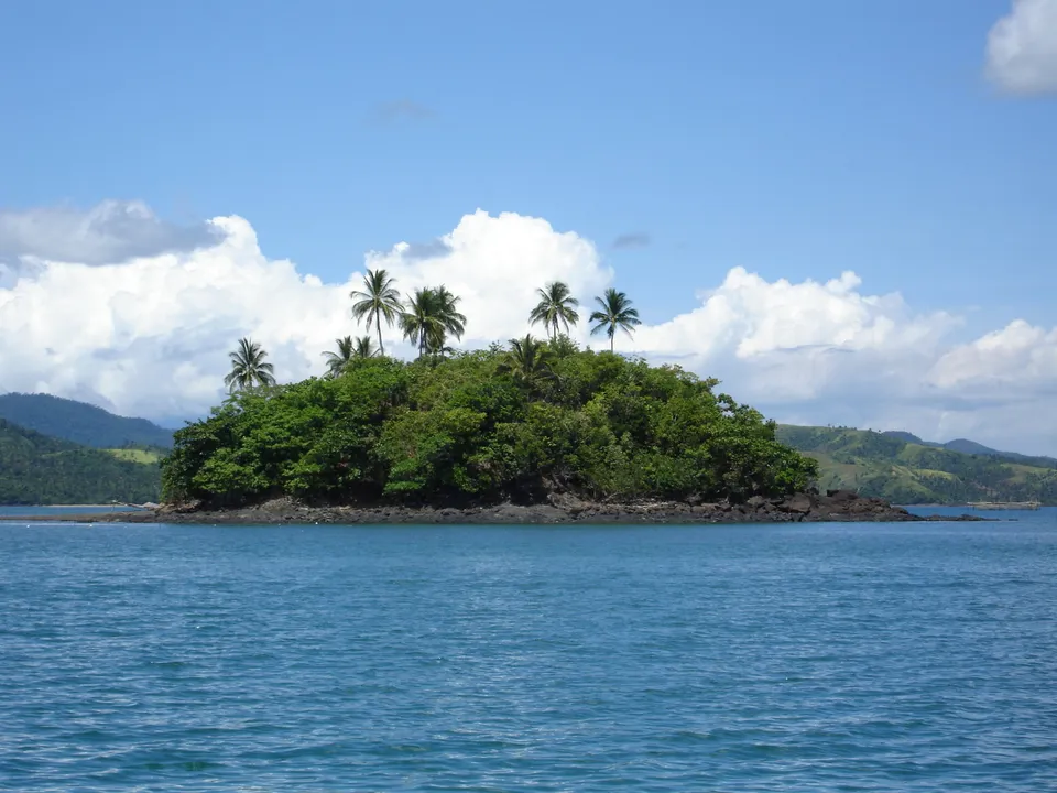 A small, lush green island with palm trees is surrounded by blue water under a partly cloudy sky.