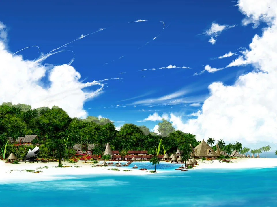 A vibrant tropical island with white sand beaches, lush green trees, and thatched-roof huts, set against a bright blue sky with fluffy clouds.