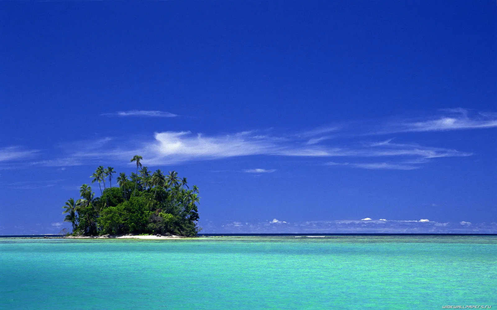 A small, lush island with palm trees is surrounded by clear turquoise waters under a deep blue sky with scattered white clouds.