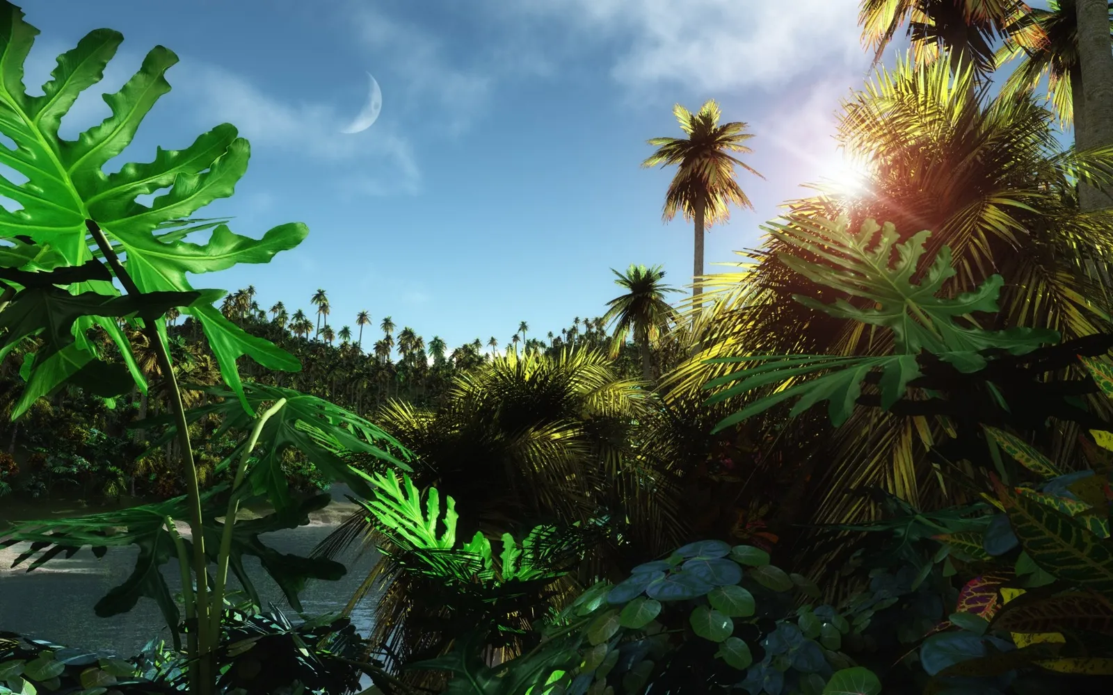 A view through lush green jungle foliage towards a distant line of palm trees under a bright blue sky with a crescent moon.