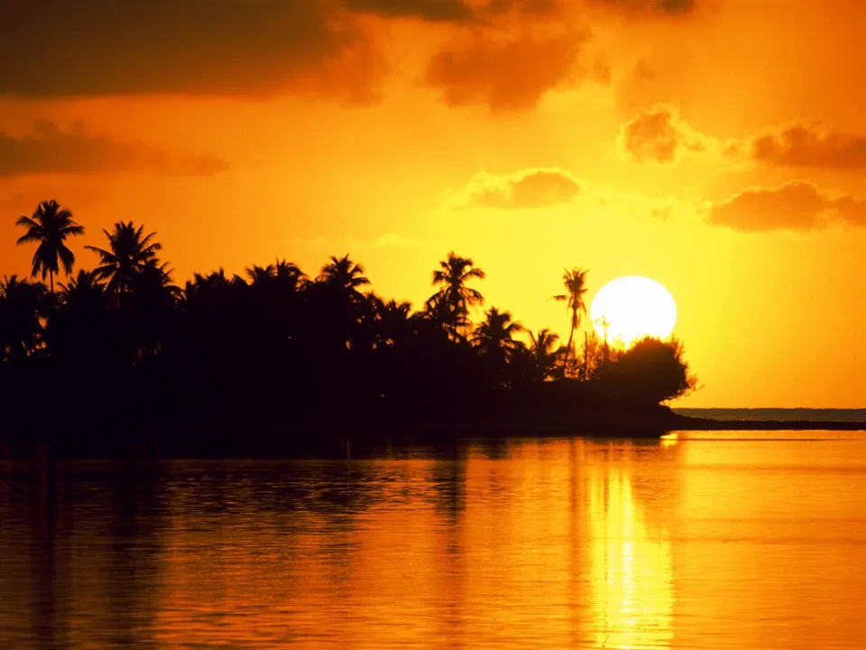 A bright sun sets behind a silhouetted tropical island with palm trees, casting a golden glow on the water.
