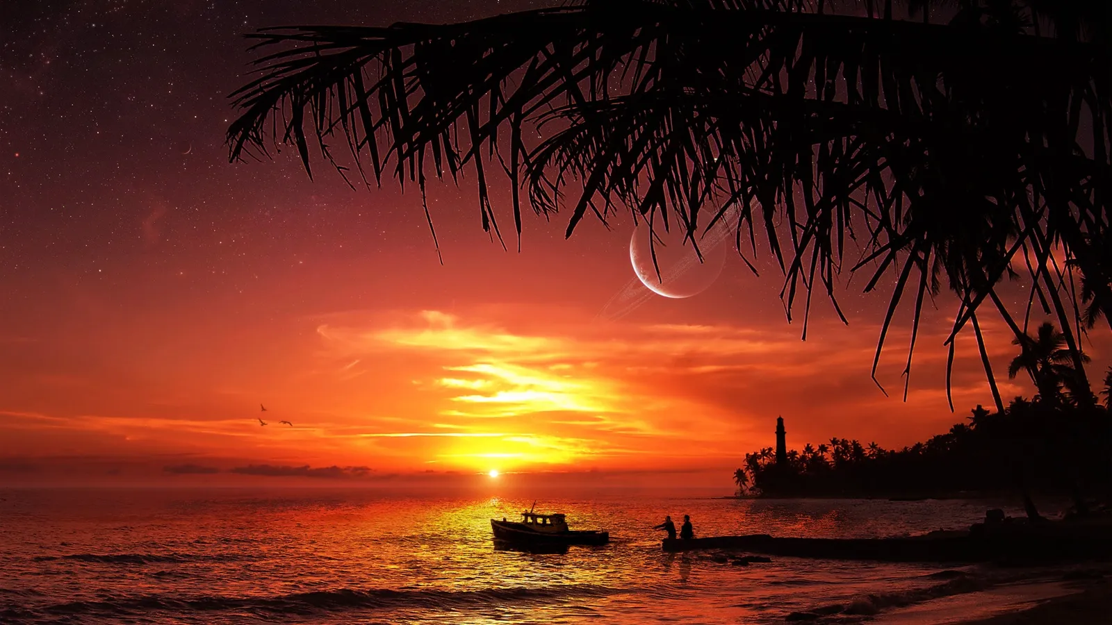A vibrant sunset over the ocean with silhouetted palm fronds in the foreground and a boat with two people in the water.