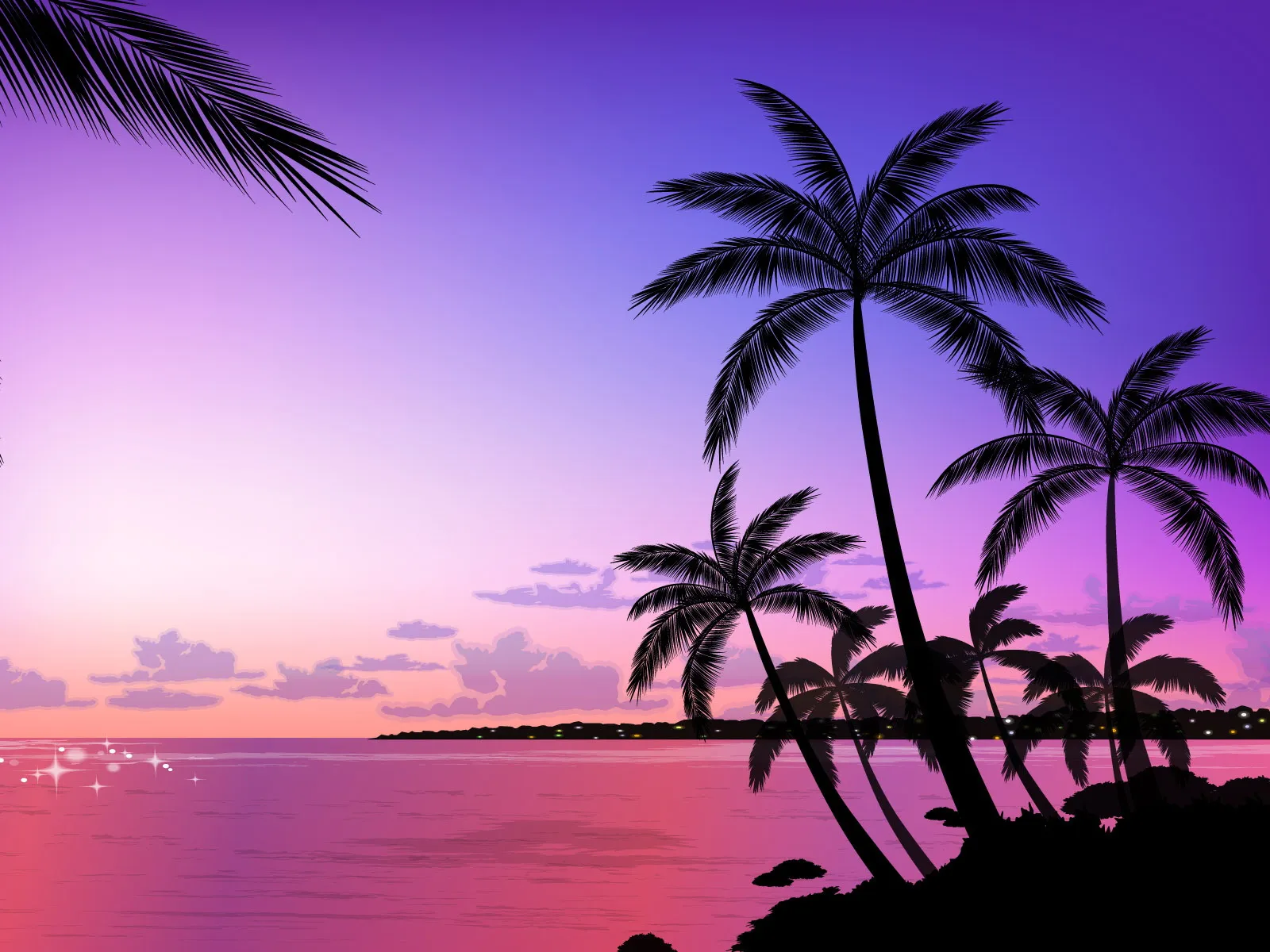 Silhouetted palm trees against a vibrant purple and pink sunset sky over a calm ocean.