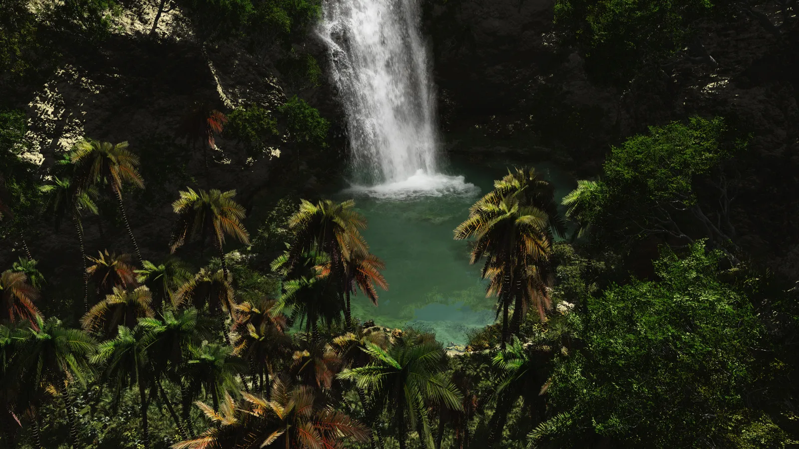 A tall waterfall plunges into a clear turquoise pool surrounded by dense green jungle foliage and palm trees.
