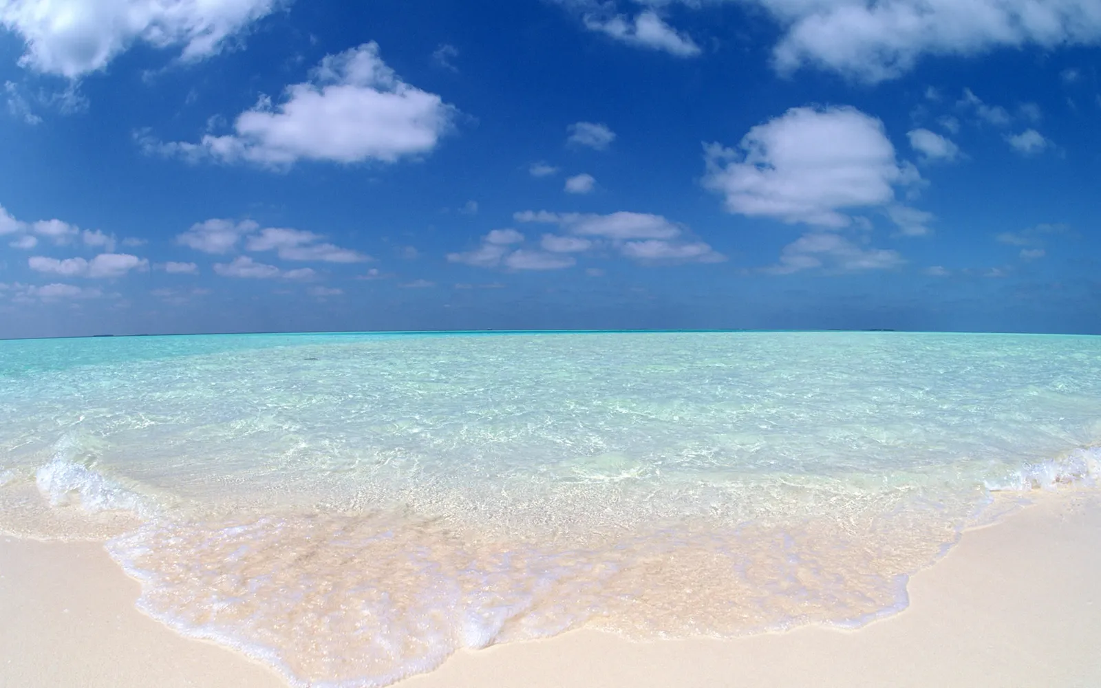 Shallow, clear turquoise water gently washes over a fine white sand beach under a bright blue sky.