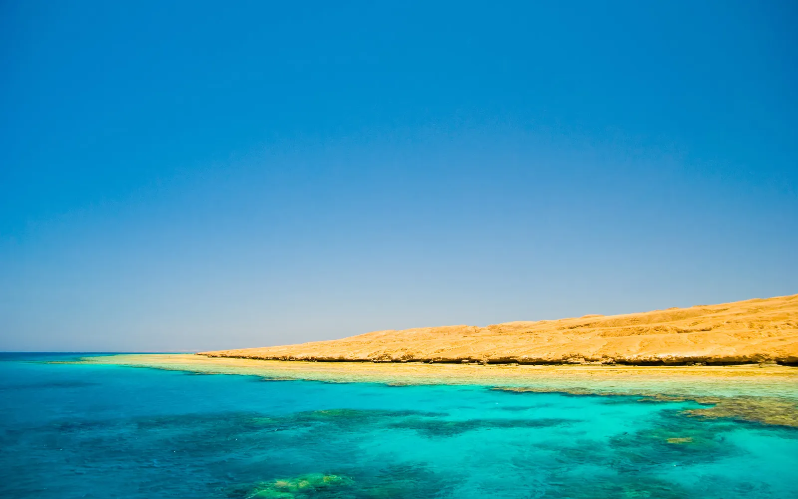 A clear blue sky above a sandy coastline and vibrant turquoise water with visible coral.