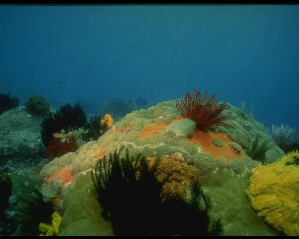 An underwater scene showing a colorful coral reef with various types of coral and sea anemones.