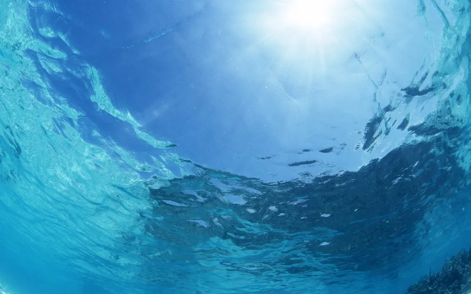 View from underwater looking up at the sun's rays piercing the surface of the blue ocean.