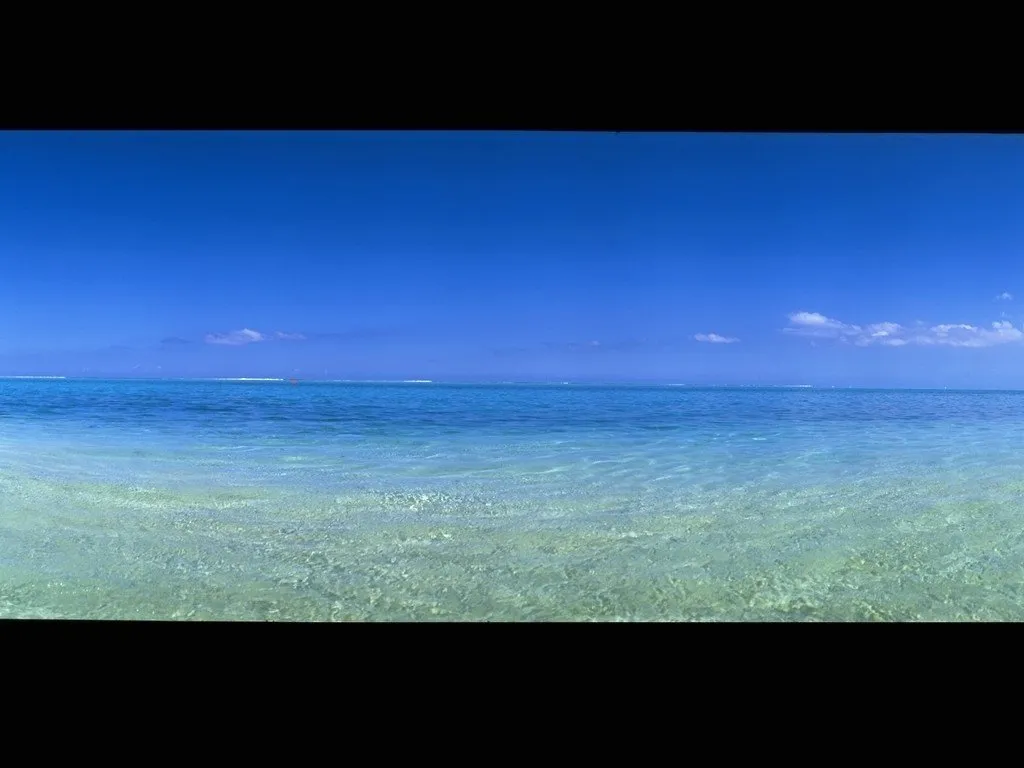 A panoramic view of a clear blue sky above shallow turquoise ocean waters.