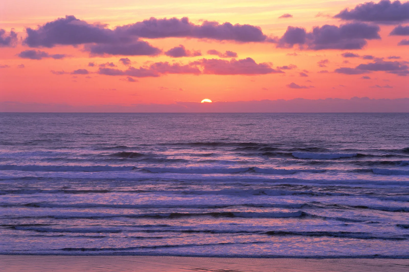 A vibrant sunset paints the sky in pink and purple hues over the ocean waves.