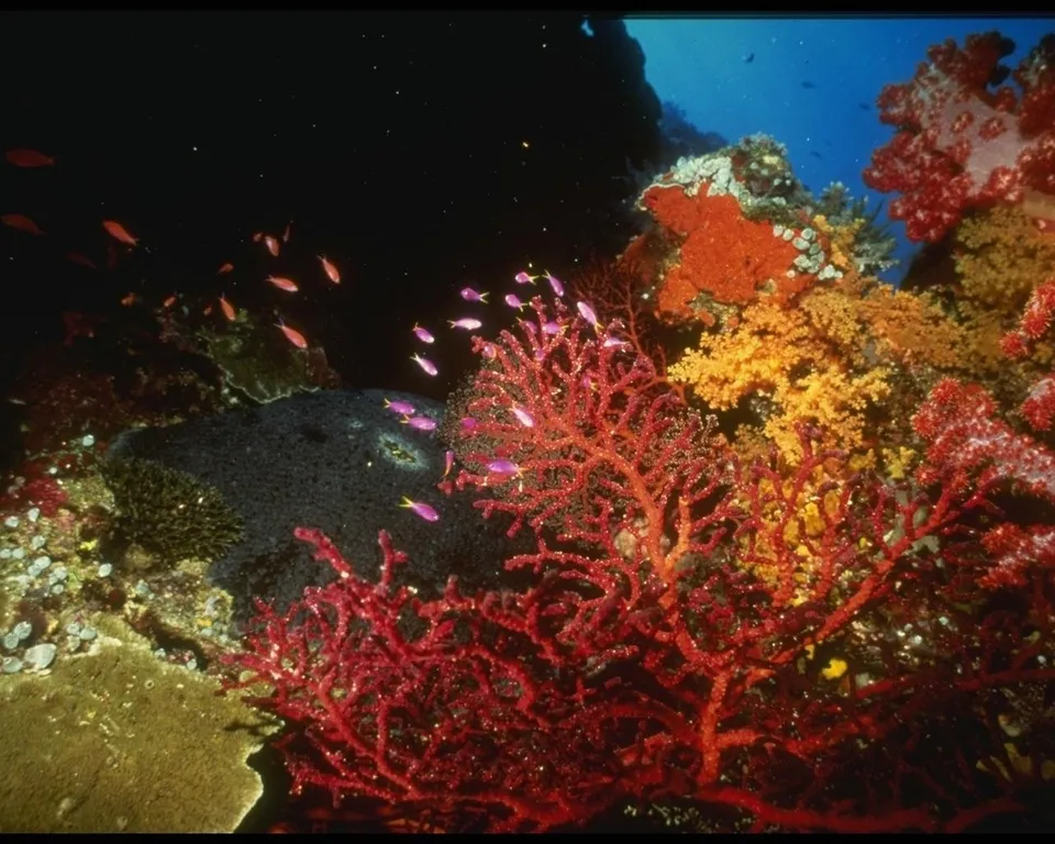 Bright red coral branches are a prominent feature in this colorful underwater scene.