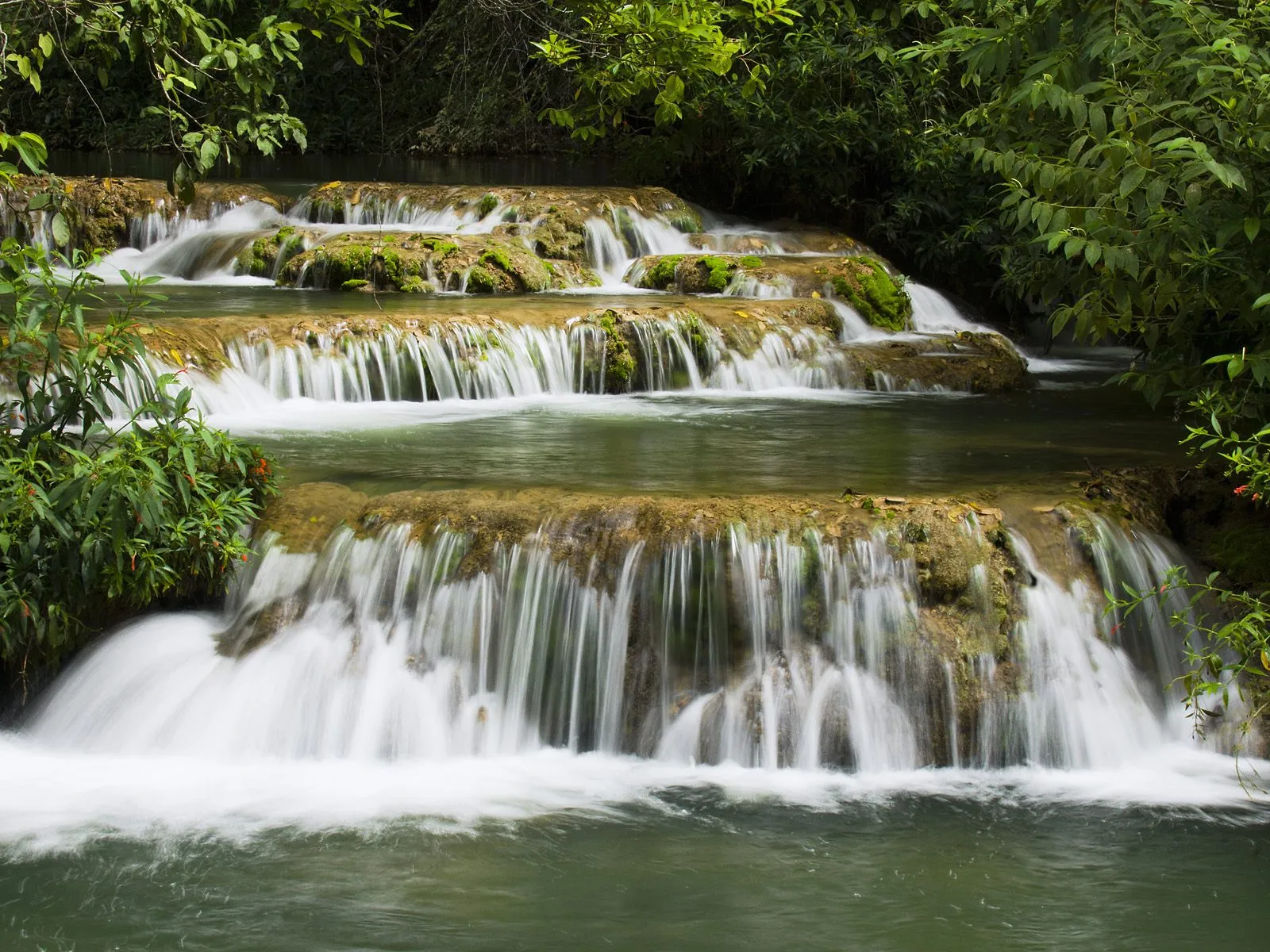 A multi-tiered waterfall flows over moss-covered rocks surrounded by lush green foliage.