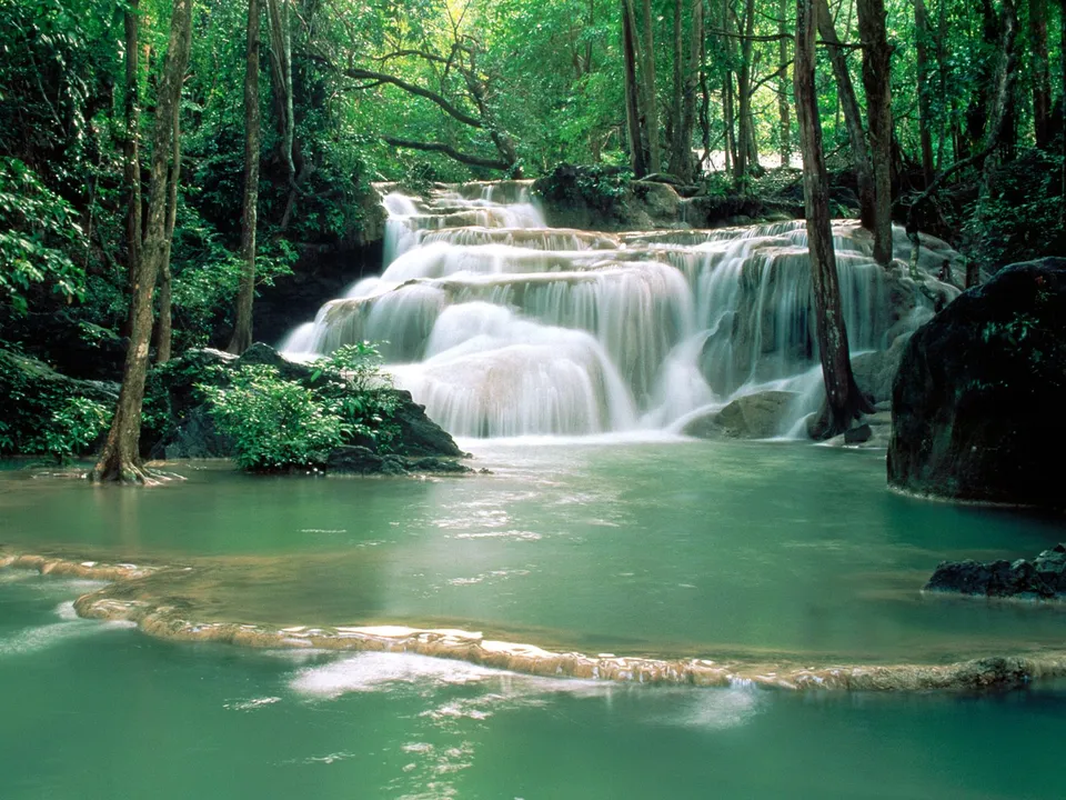 A multi-tiered waterfall flows through a dense, green forest into a calm pool.