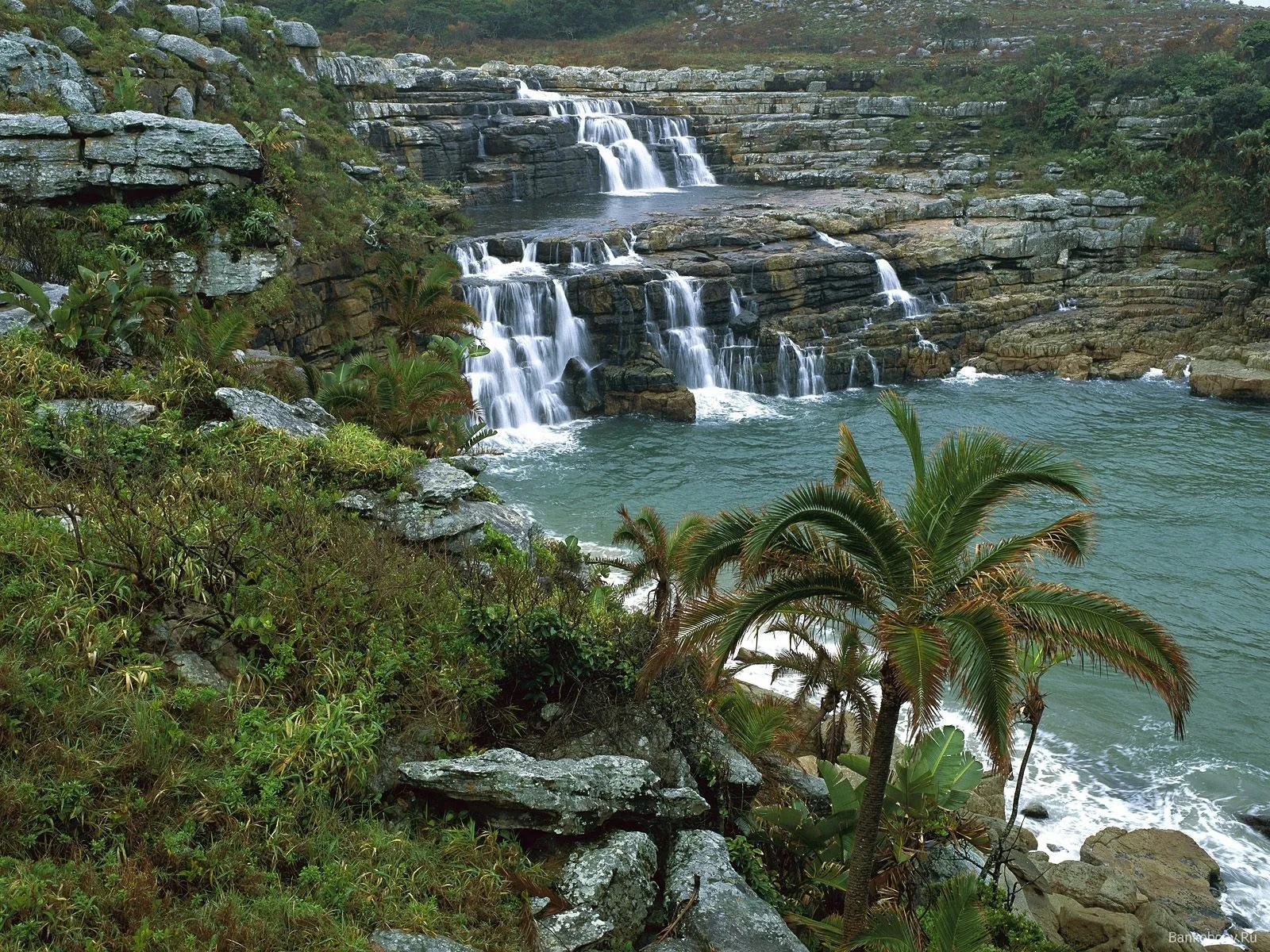 A multi-tiered waterfall cascades down rocky cliffs into the turquoise ocean, with palm trees in the foreground.
