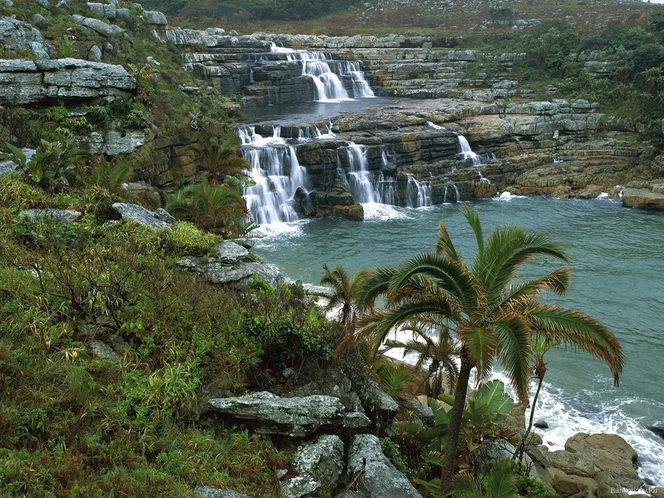 A multi-tiered waterfall cascades down rocky cliffs into the turquoise ocean, with palm trees in the foreground.