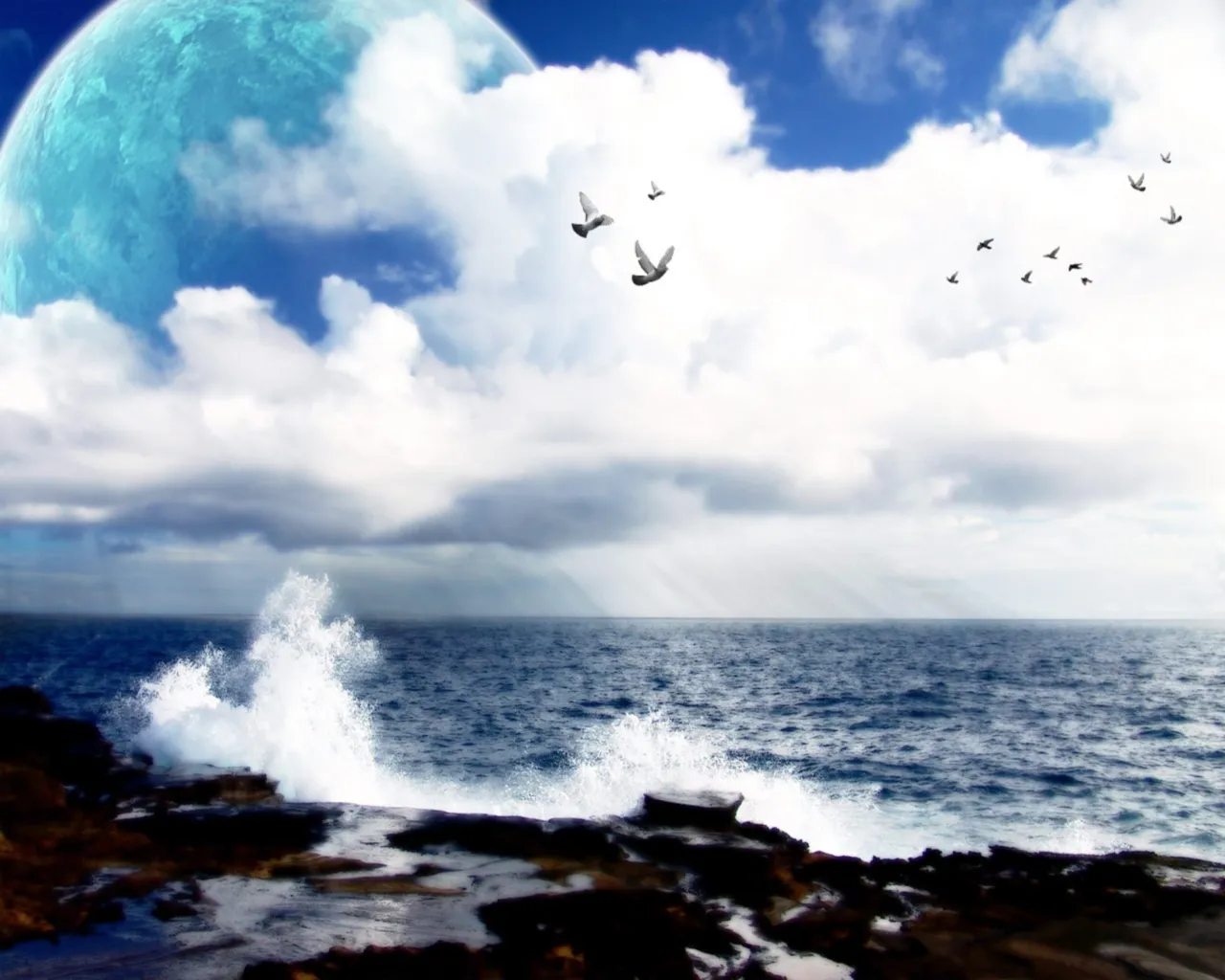 Waves crash on dark rocks under a cloudy sky with a large blue planet and flying birds.