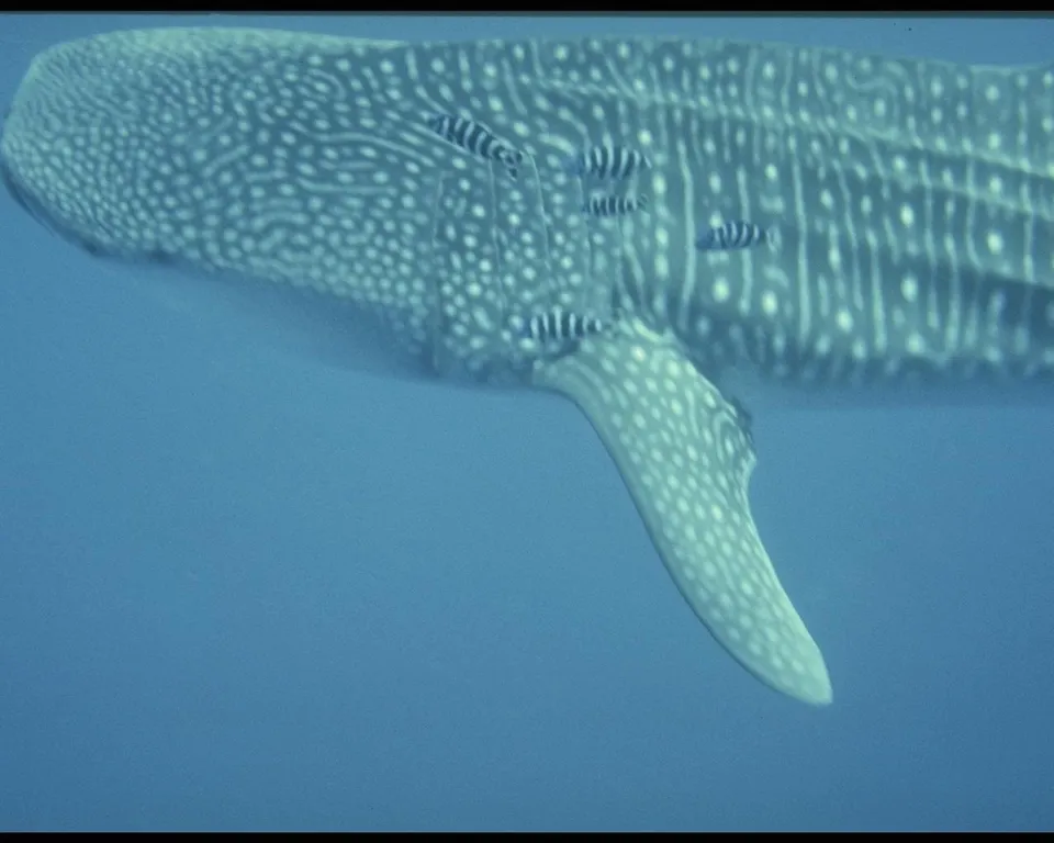 Close-up of a whale shark's body with several small pilot fish swimming alongside.