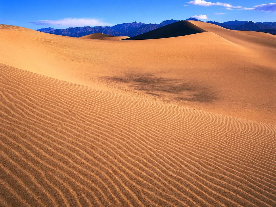 Intricate wind patterns on golden sand dunes with distant mountains.