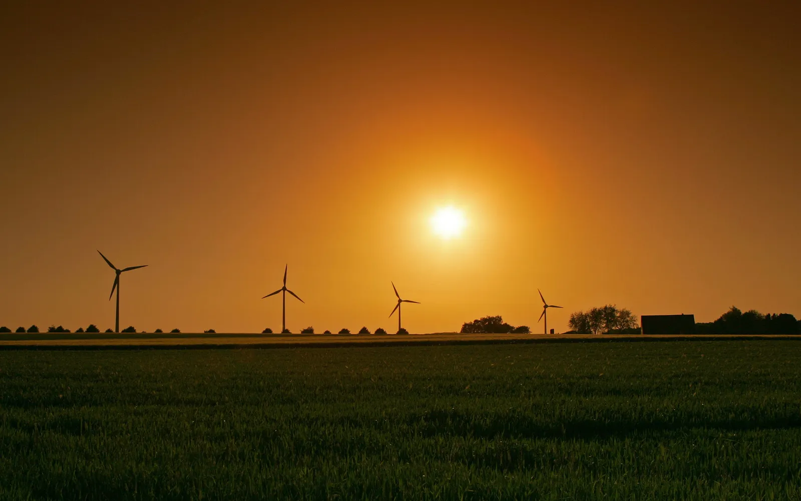 Silhouettes of wind turbines and a building against a bright orange sunset over a green field.