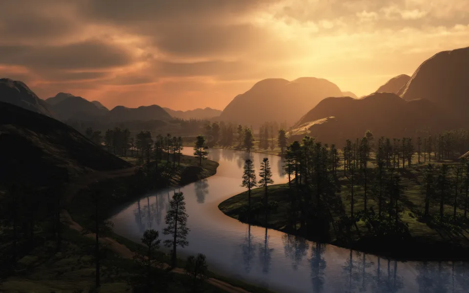 A wide, winding river flows through a valley with rolling hills and trees, bathed in the warm light of sunset.