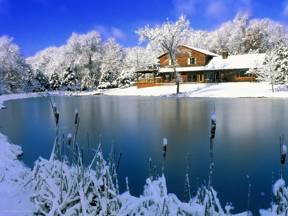 A wooden cabin sits beside a frozen lake surrounded by snow-covered trees under a bright blue sky.