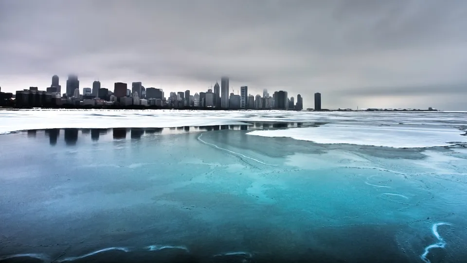 A city skyline is visible across a frozen lake with patches of blue ice.