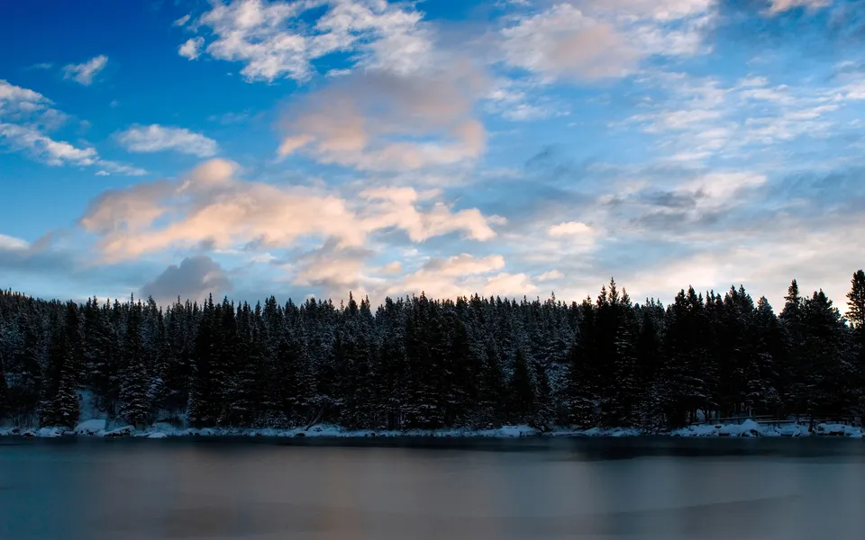 A dense forest of snow-covered pine trees borders a calm, partially frozen lake under a cloudy blue sky.