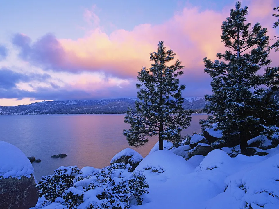 A serene winter landscape with a snow-covered shore, pine trees, and a lake reflecting a colorful sunset sky.