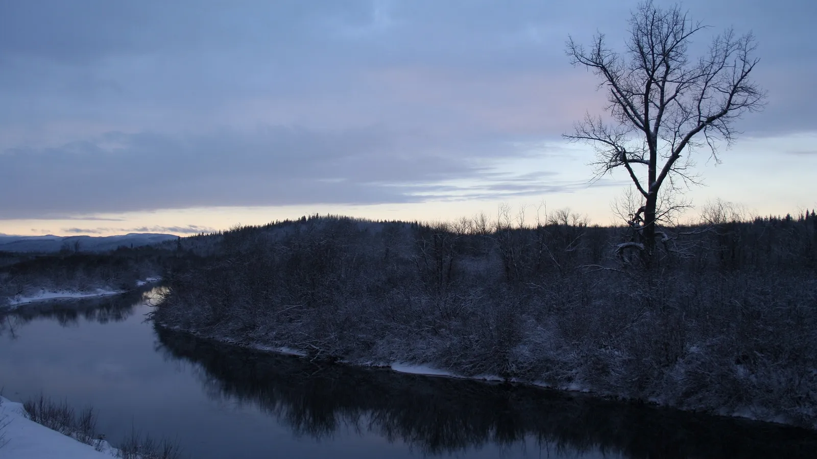 A calm river flows through a snow-covered landscape under a twilight sky with a bare tree in the foreground.