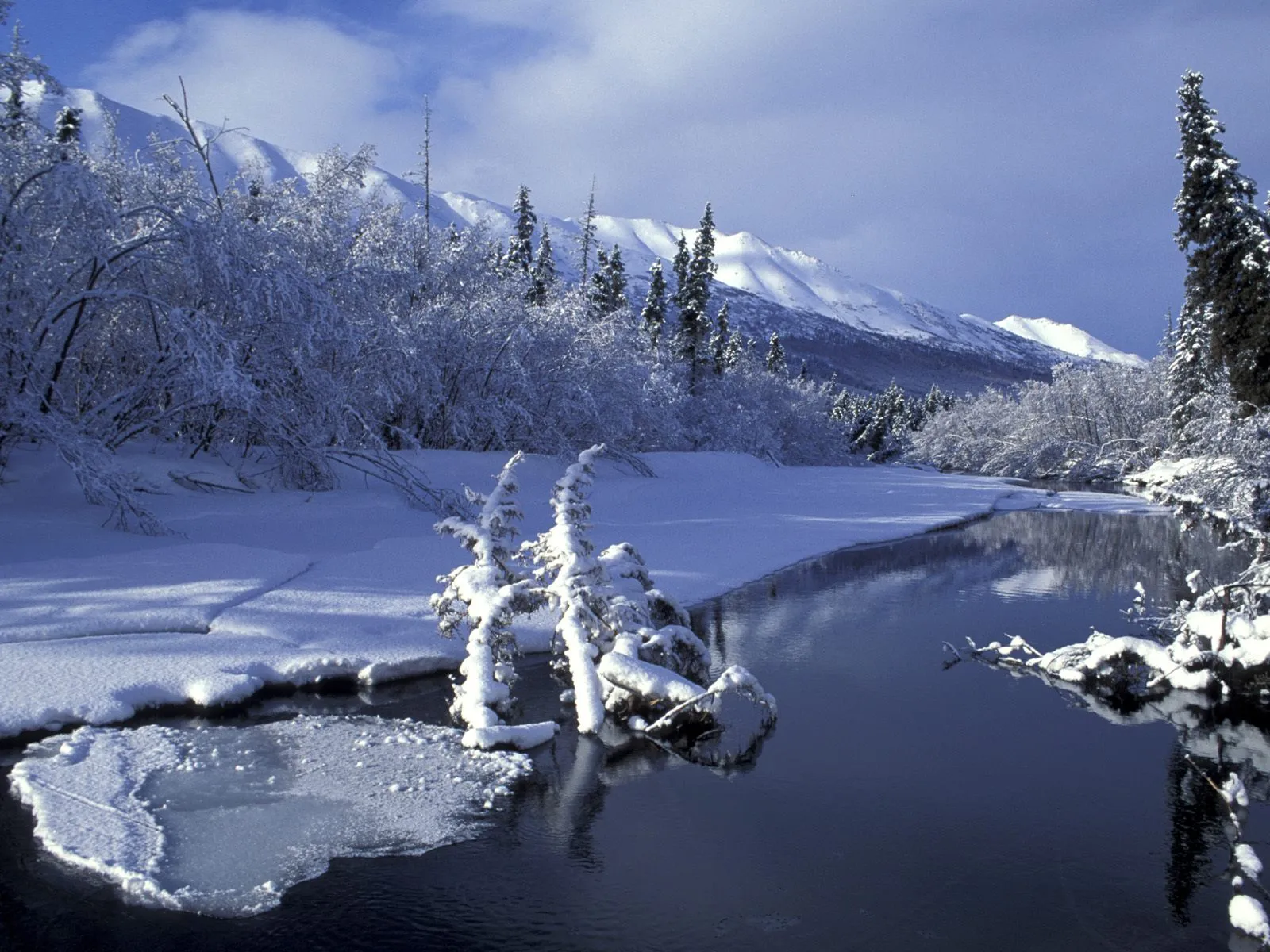 A dark river flows through a snow-covered landscape with snow-laden trees and mountains in the background under a blue sky.