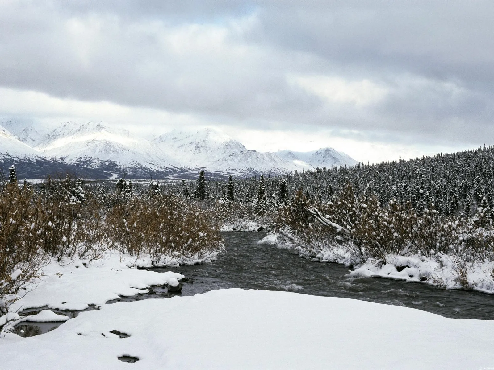 A wide river flows through a snow-covered landscape with snow-capped mountains in the background and trees on the right.