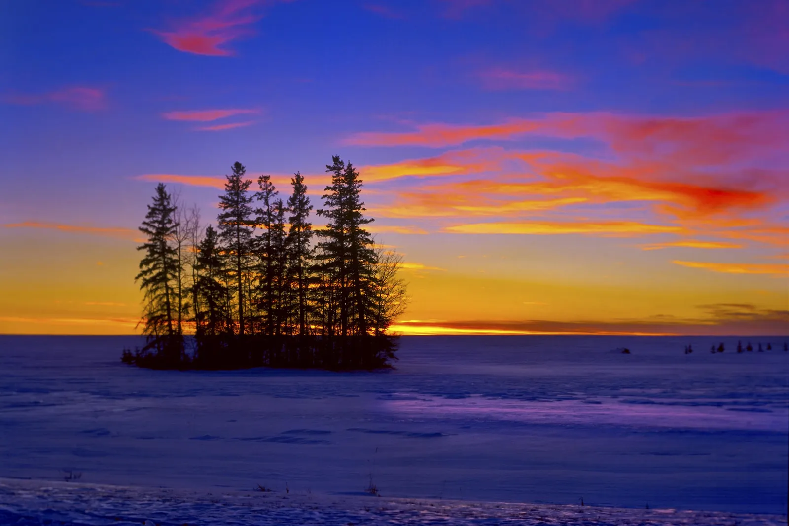 A vibrant sunset with orange and pink clouds over a snow-covered landscape with silhouetted trees.