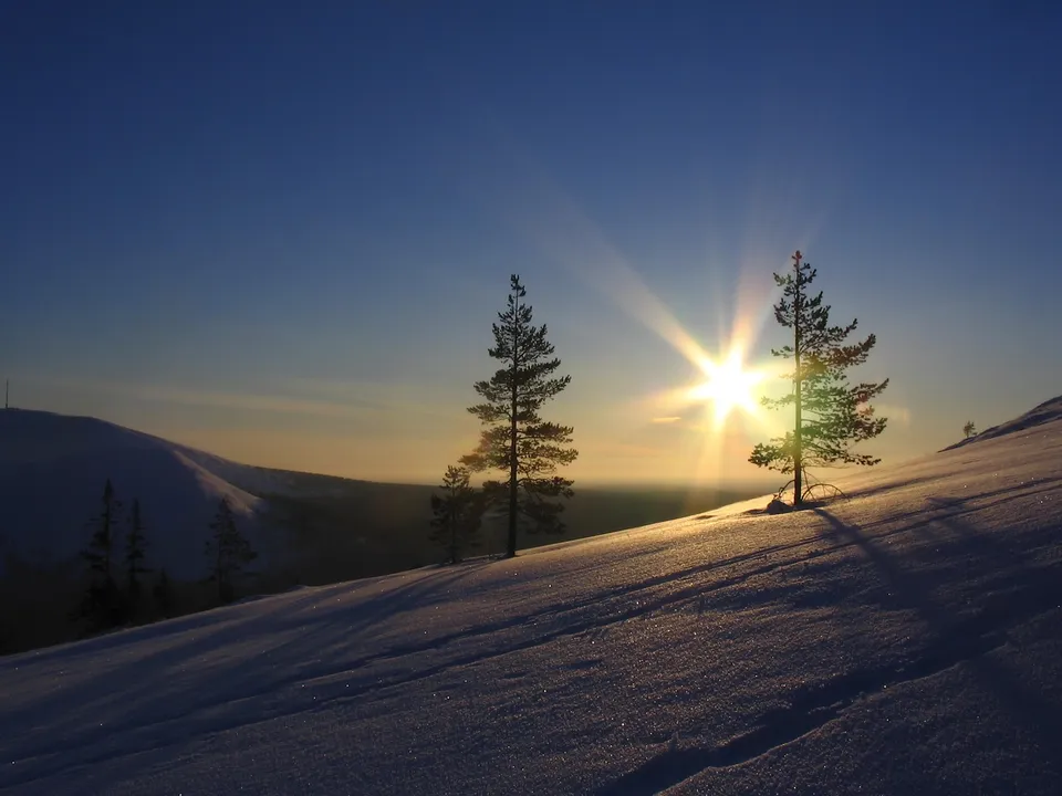 A bright sunburst shines through the sky over a snow-covered mountain slope with pine trees.