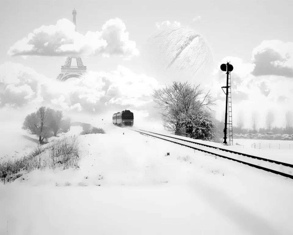 A black and white surreal image of a train traveling on snowy tracks with the Eiffel Tower and a large planet in the sky.